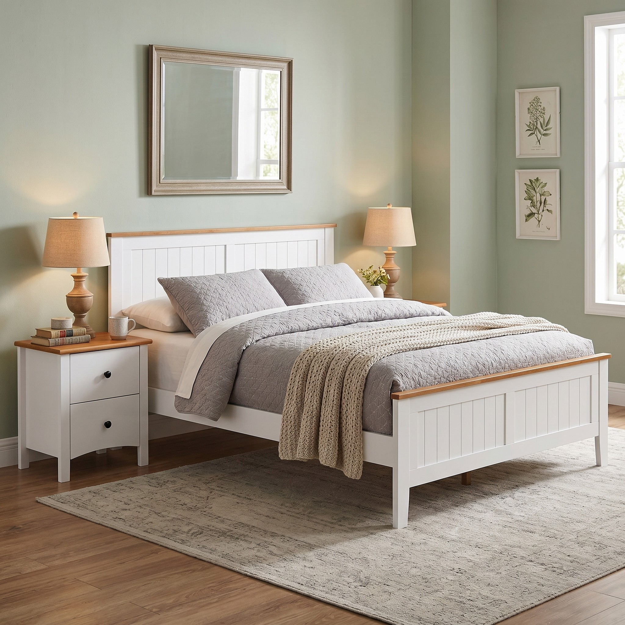 Bedroom with a wooden bed and matching nightstands, lamps, and decor.