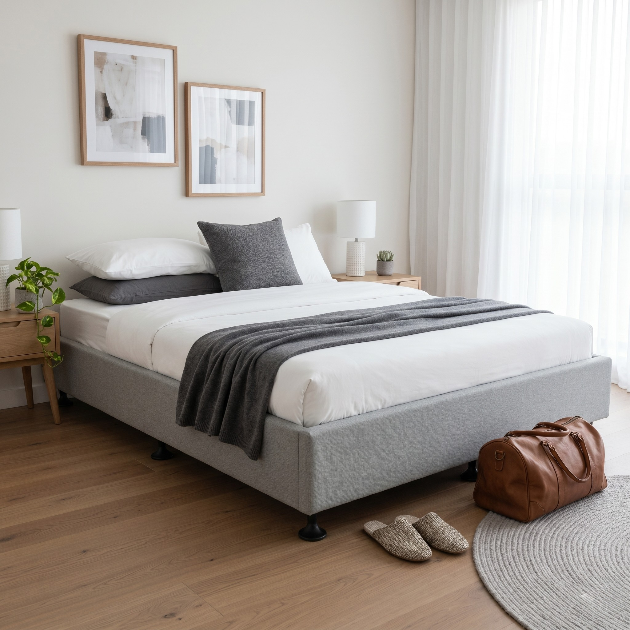 Modern bedroom with a bed base, nightstands, and decor elements.