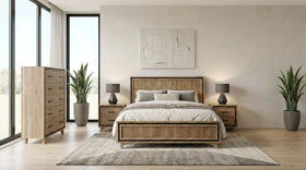 Jack 4 piece tallboy bedroom suite in natural timber-look finish with bed, two bedside tables and tallboy in a bright modern bedroom - The A2Z Furniture