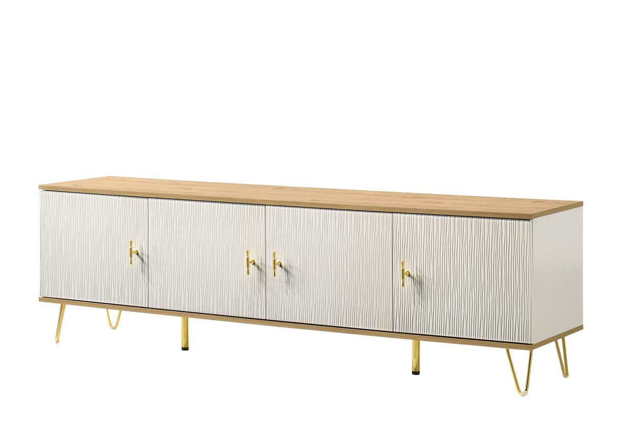 Manuka TV Unit, 180cm long, pearl white body, golden legs, 4 storage cabinets, modern TV stand by The A2Z Furniture