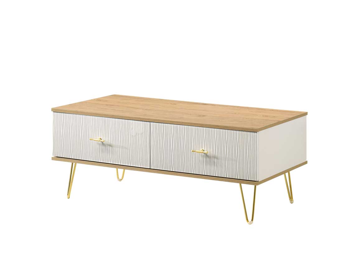 Upgrade your home with the Manuka Coffee Table. Features a brown top, pearl white body, golden accents, and 2 drawers for stylish storage and functionality.