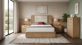 Castle 4 Piece Tallboy Bedroom Suite in light oak with upholstered headboard bed, two bedside tables and tallboy - The A2Z Furniture