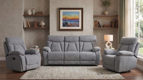 Baker 3+1+1 seater recliner lounge suite in grey fabric, a three-seater sofa with two matching recliner armchairs, in a modern living room with a sunset artwork - The A2Z Furniture