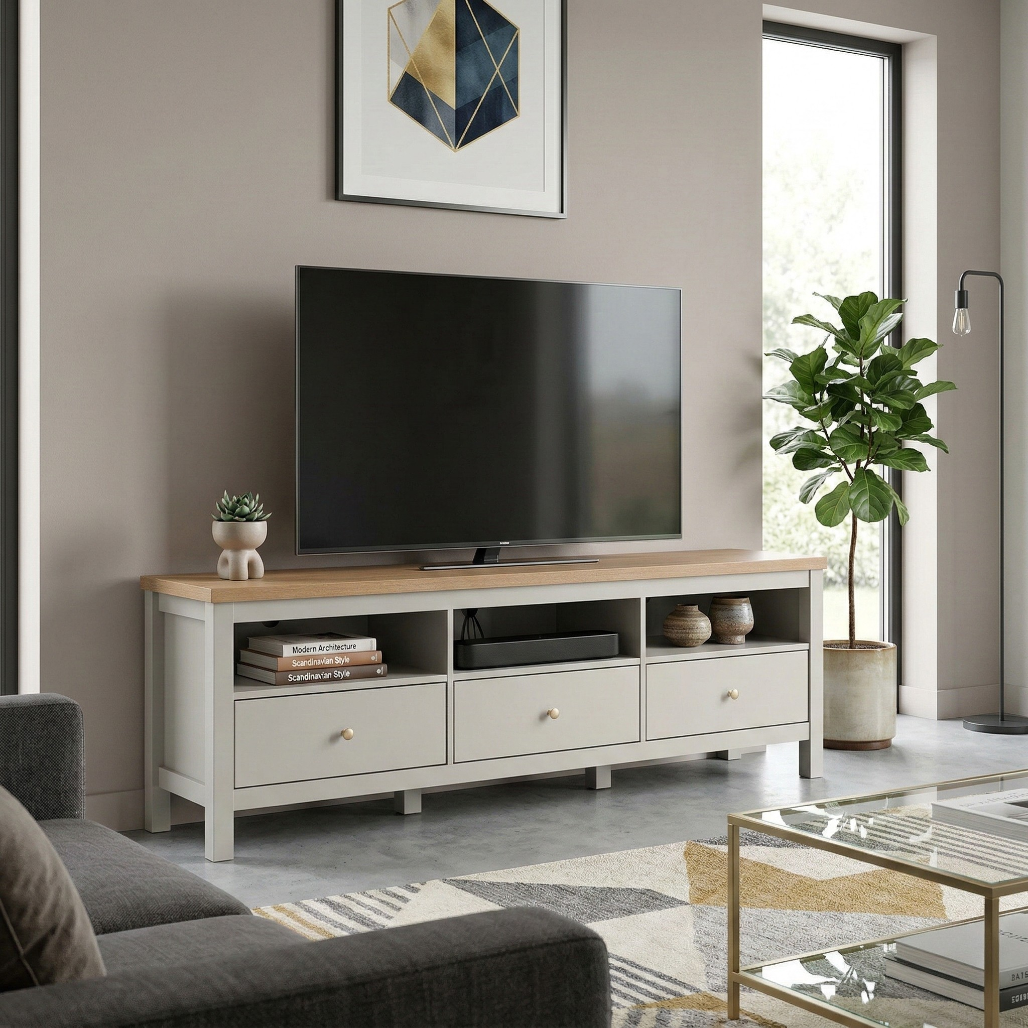 Modern living room with a TV on a wooden stand, gray sofa, and decorative elements.