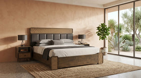 Modern bedroom with a bed, nightstands, and a large window.