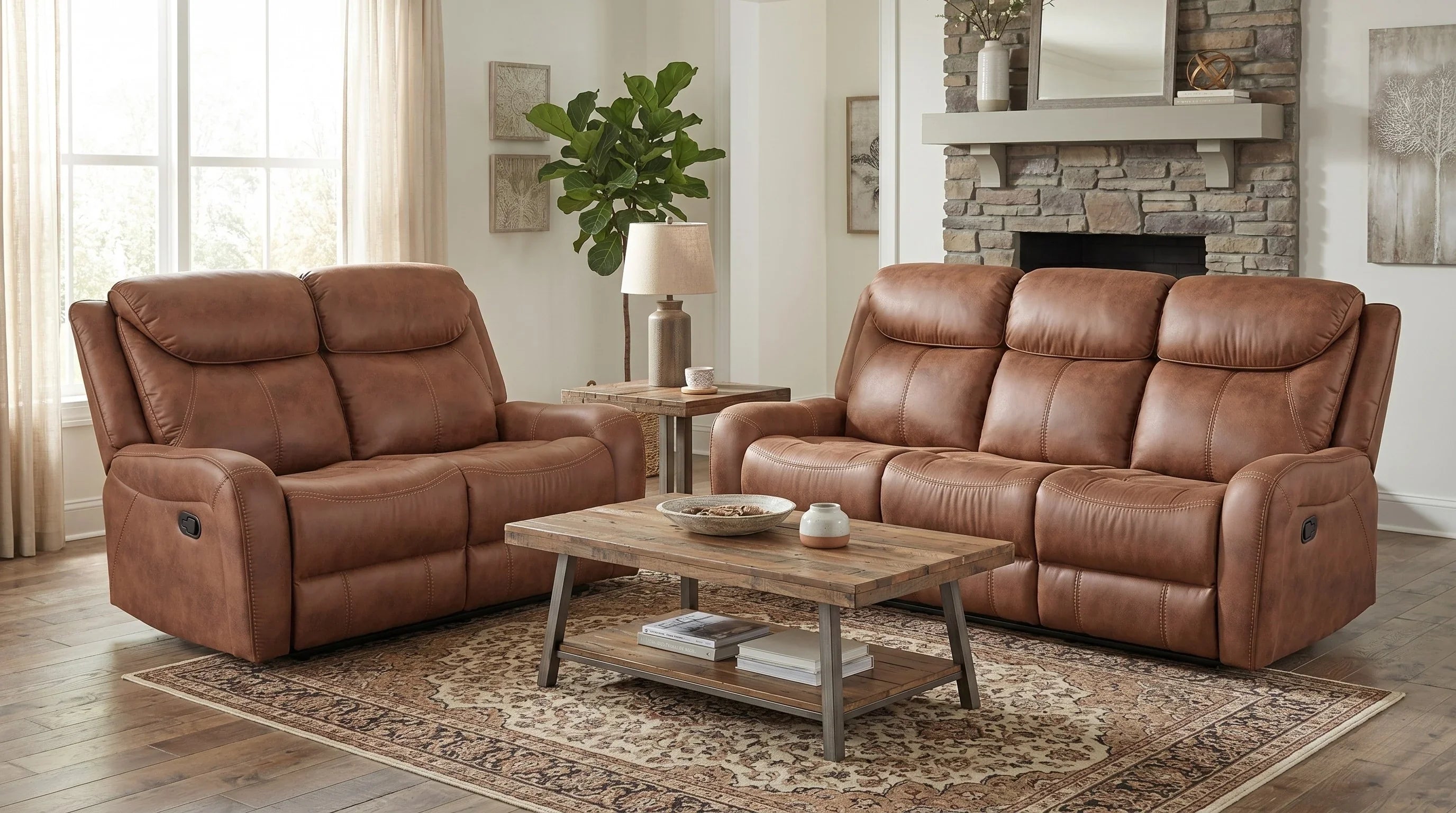 Brown Fabric sofa and recliner in a modern living room with large windows.