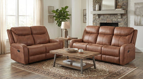 Brown Fabric sofa and recliner in a modern living room with large windows.