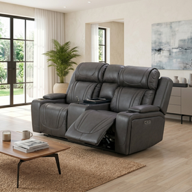 Ballina 2 Seater Electric Recliner Lounge in grey leather with footrest extended, styled in a living room - The A2Z Furniture