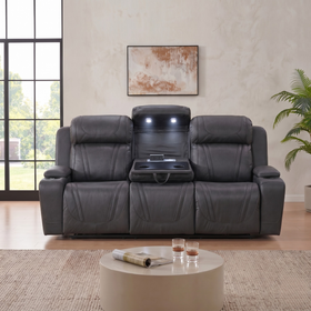 Ballina 3 Seater Electric Recliner Lounge in grey leather with drop-down console, styled in a living room - The A2Z Furniture