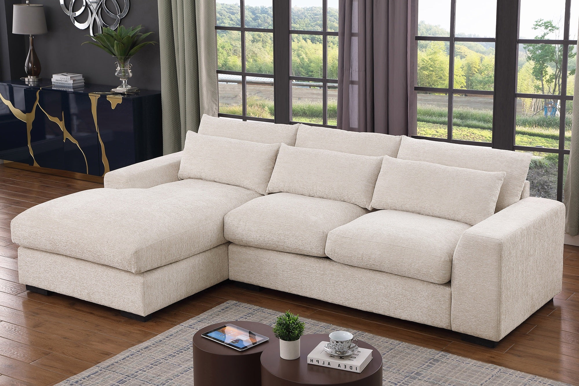 Oxford 3-Seater Couch with Chaise in Dark Grey and Beige – Wide deep seats, plush cushions, and matching pillow – Available in left or right chaise options.



