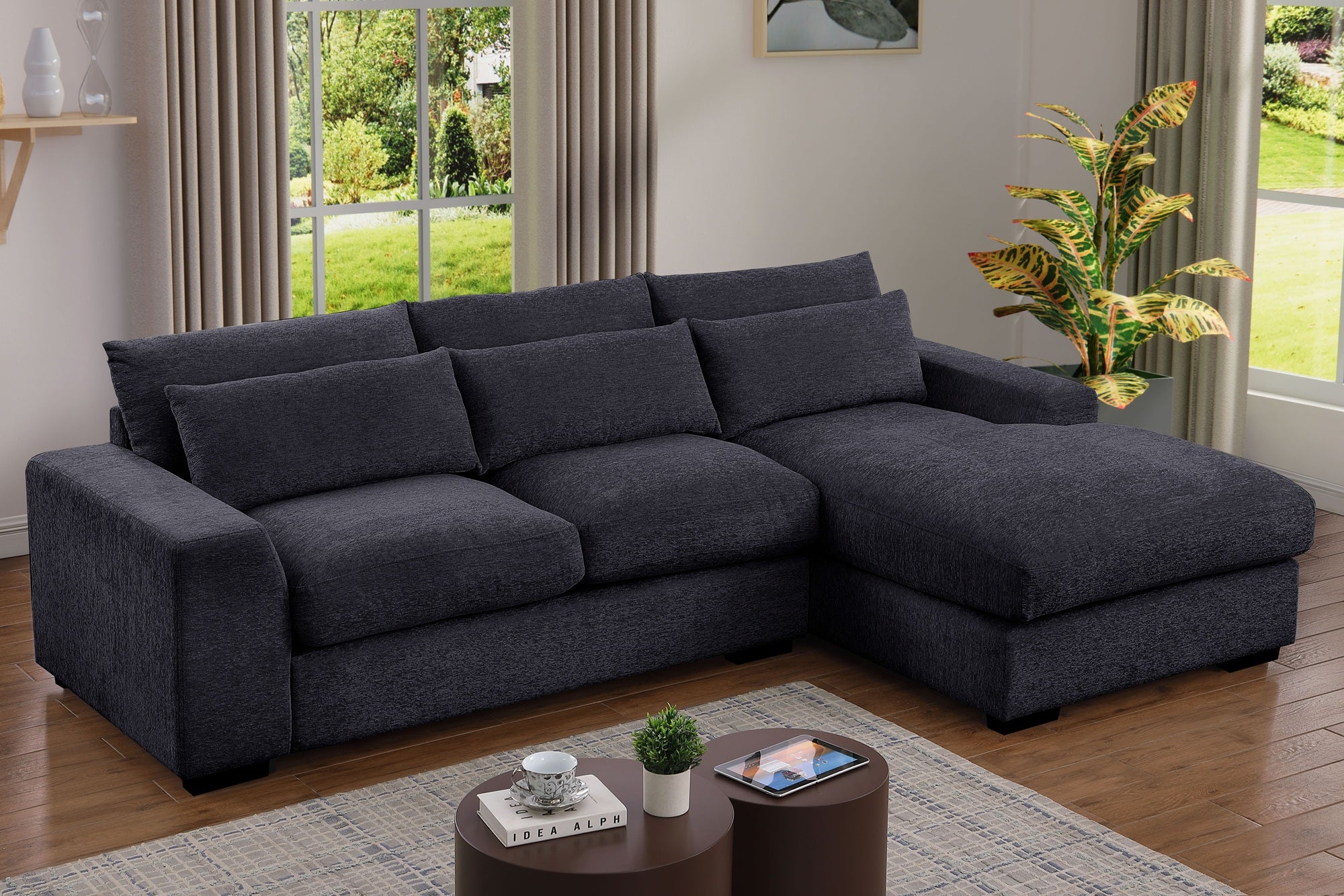 Oxford 3-Seater Couch with Chaise in Dark Grey and Beige – Wide deep seats, plush cushions, and matching pillow – Available in left or right chaise options.