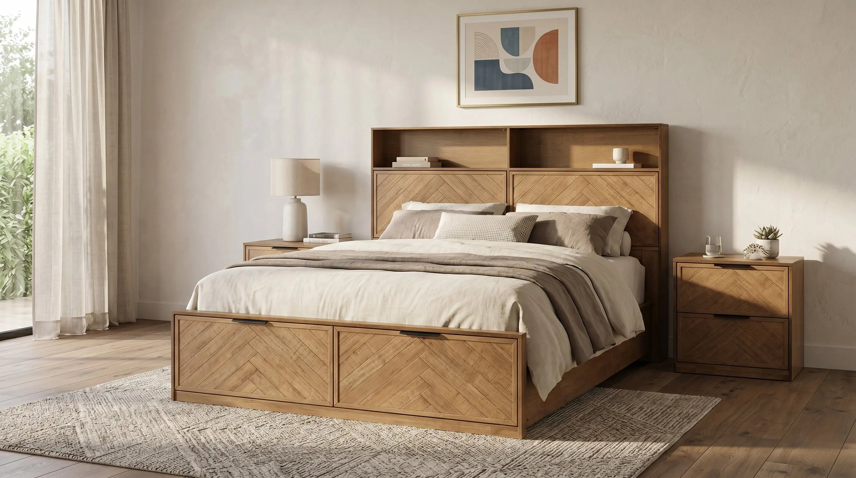 Wooden bed with storage drawers in a bedroom setting