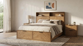 Wooden bed with storage drawers in a bedroom setting