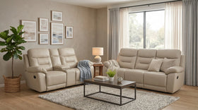 Modern living room with beige recliner sofa, wooden coffee table, and large windows.