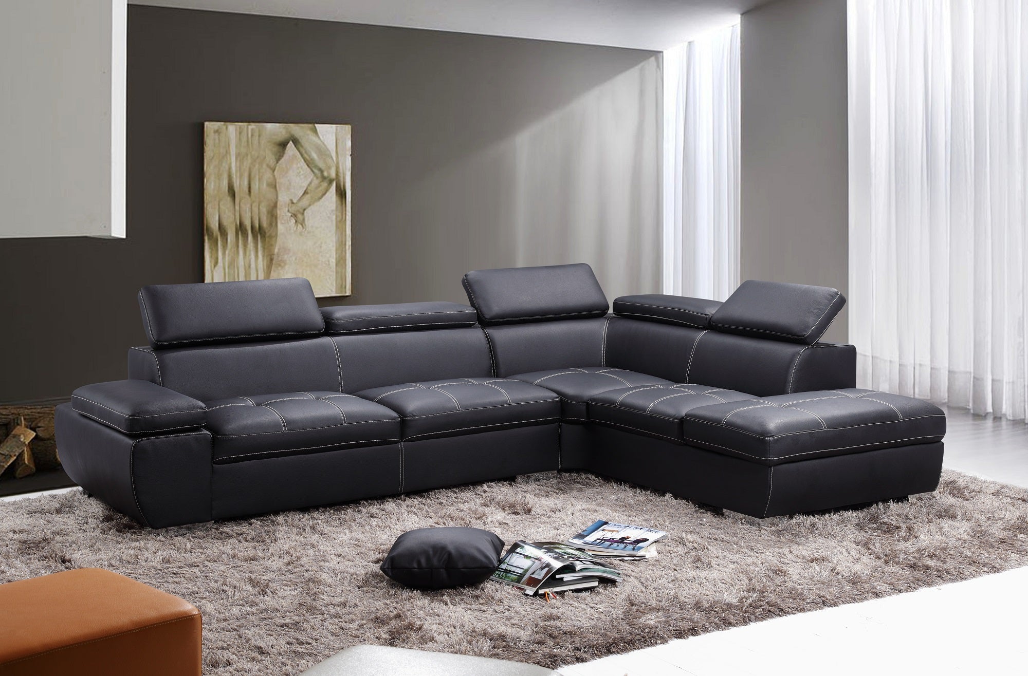 Gold Coast corner lounge suite in black leather. Perfect for relaxing and entertaining.