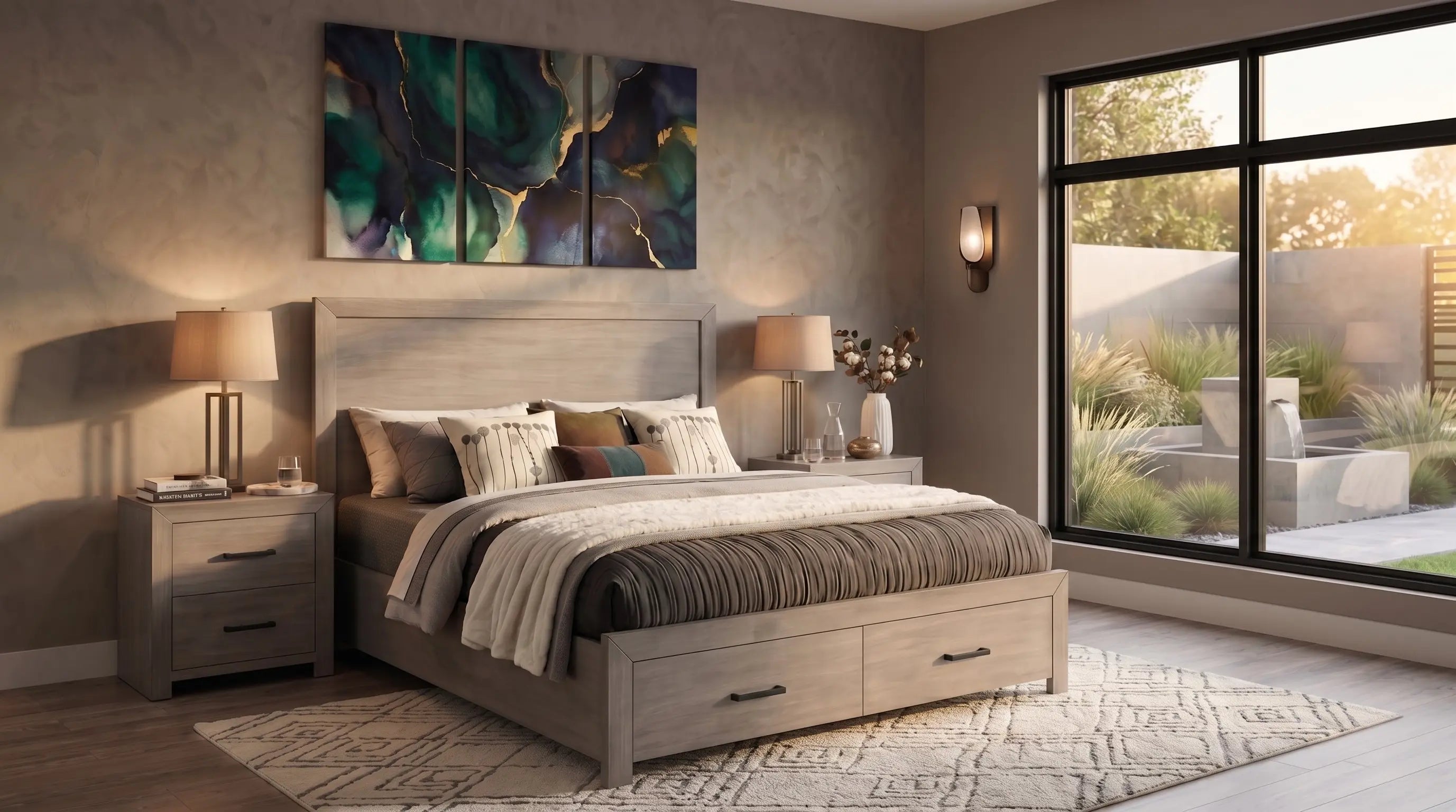 Modern bedroom with a bed, nightstands, and artwork on the wall.