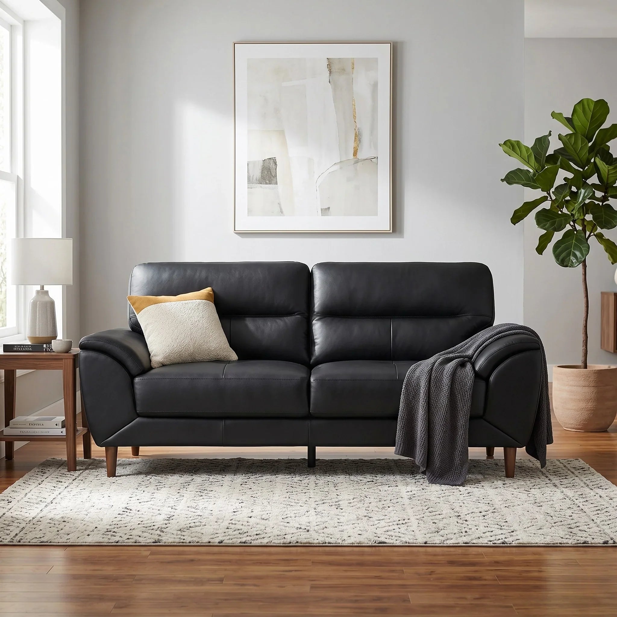 Modern black leather three seater sofa with wide armrests and wooden legs