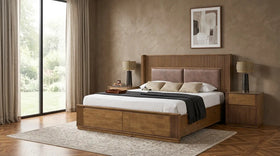 Wooden bed with matching headboard and side tables in a modern bedroom setting.