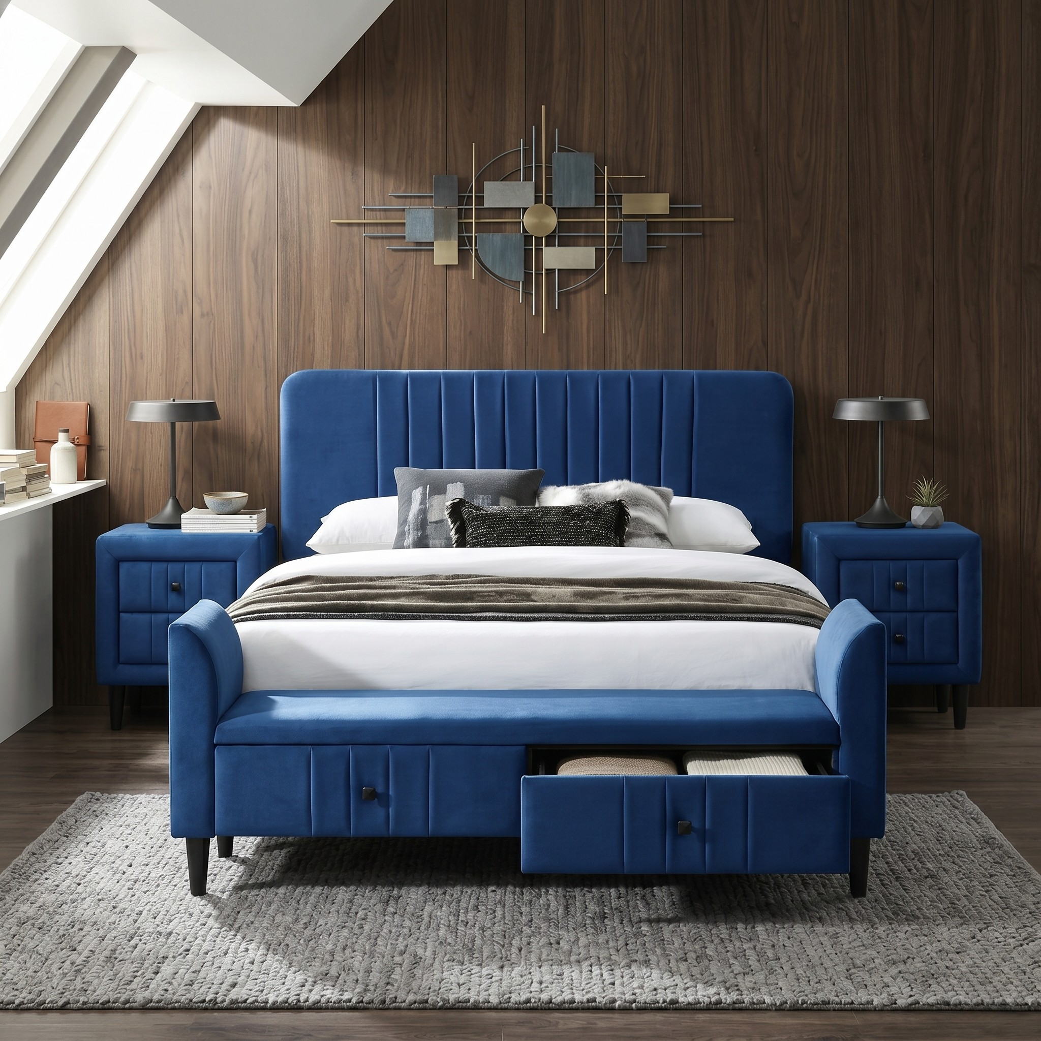 Blue upholstered bed with storage drawers in a modern bedroom setting.