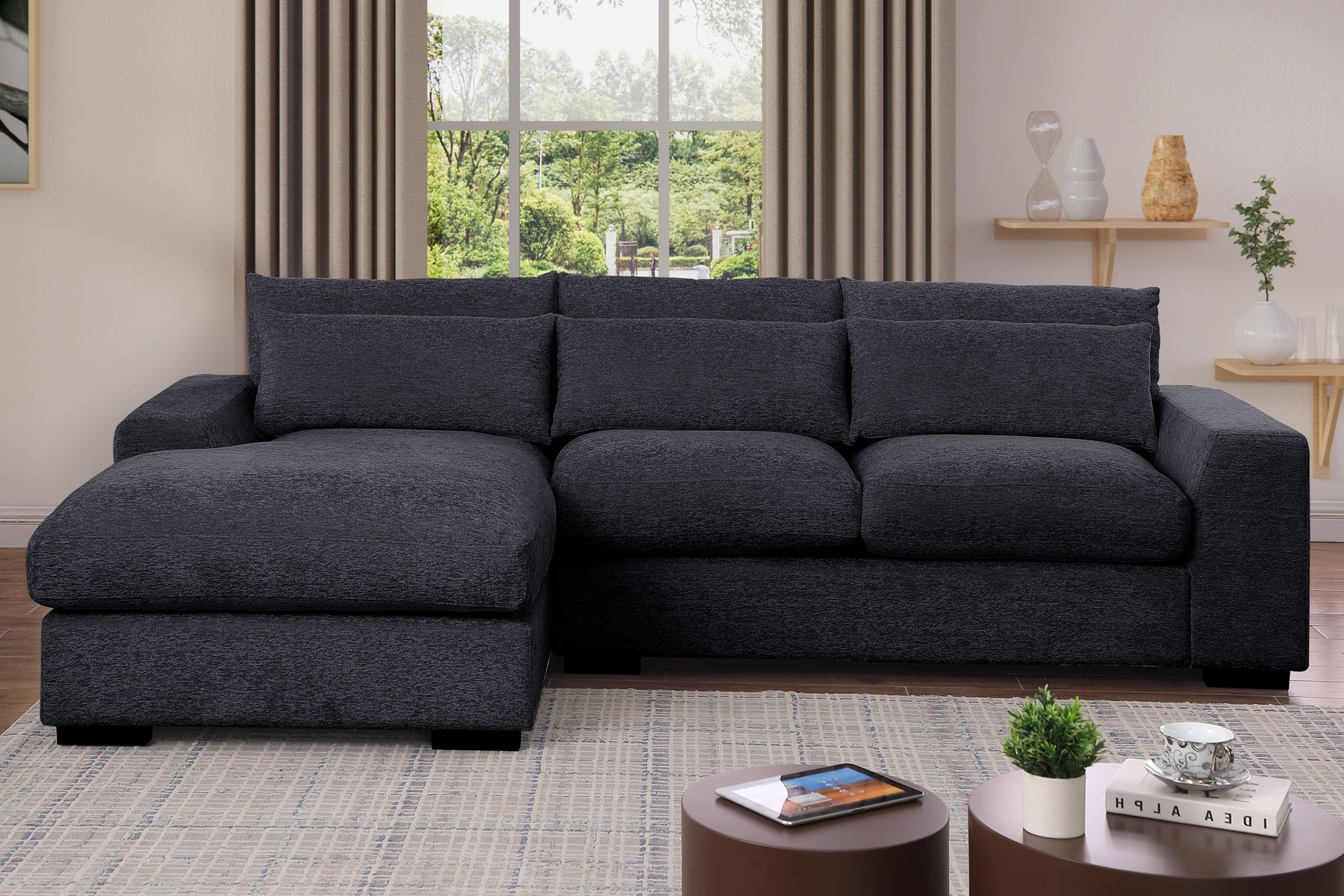 Oxford 3-Seater Couch with Chaise in Dark Grey and Beige – Wide deep seats, plush cushions, and matching pillow – Available in left or right chaise options.
