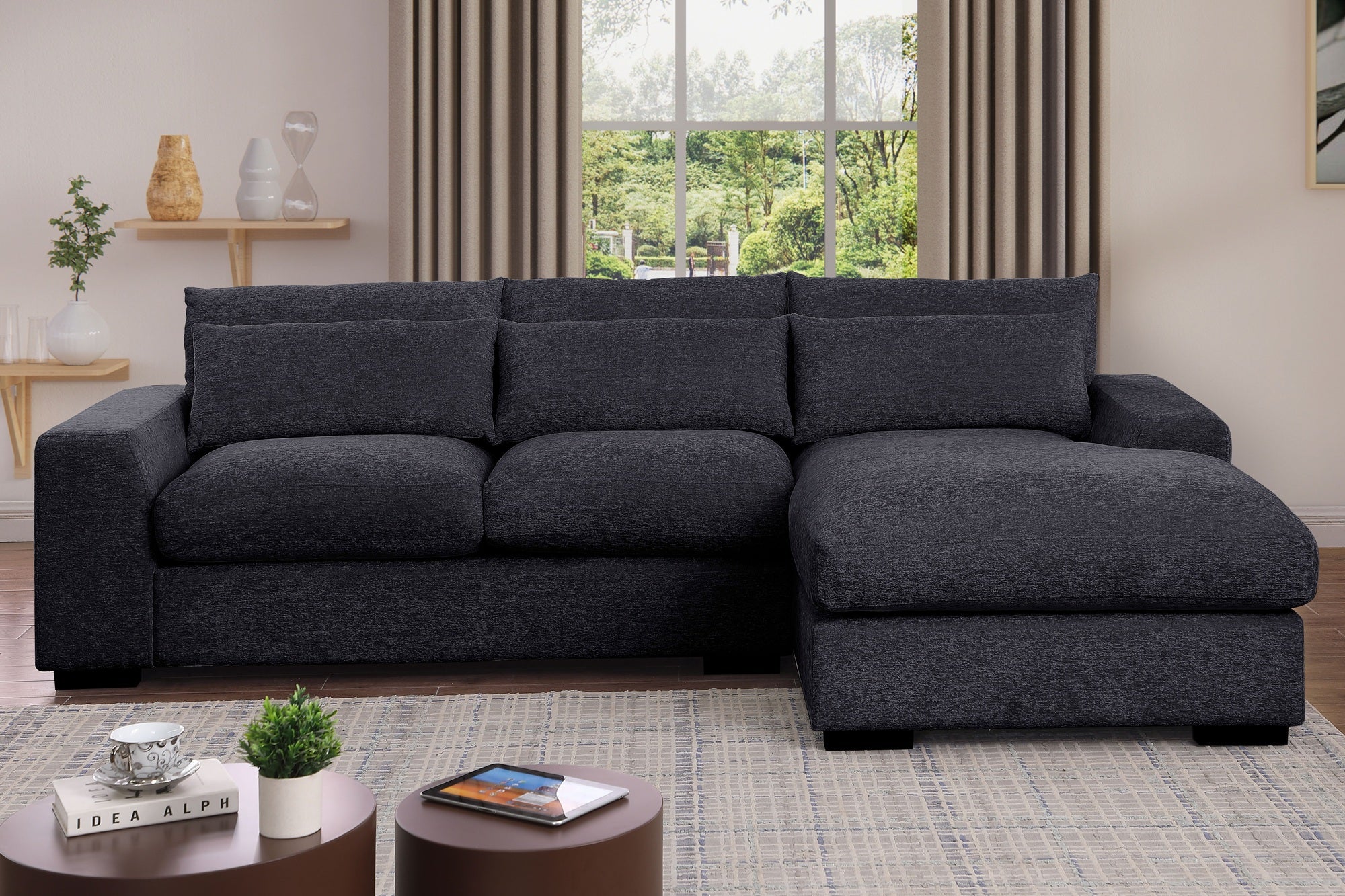 Oxford 3-Seater Couch with Chaise in Dark Grey and Beige – Wide deep seats, plush cushions, and matching pillow – Available in left or right chaise options.
