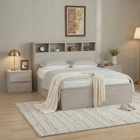 Cambridge gas lift bed frame in light grey timber with a bookshelf headboard, styled with matching bedside and white bedding - The A2Z Furniture