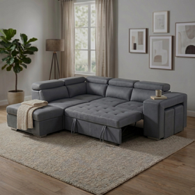 Alice Sofa Bed in grey fabric, angled view of the chaise, storage ottoman and tuck-away stools in a contemporary lounge - The A2Z Furniture