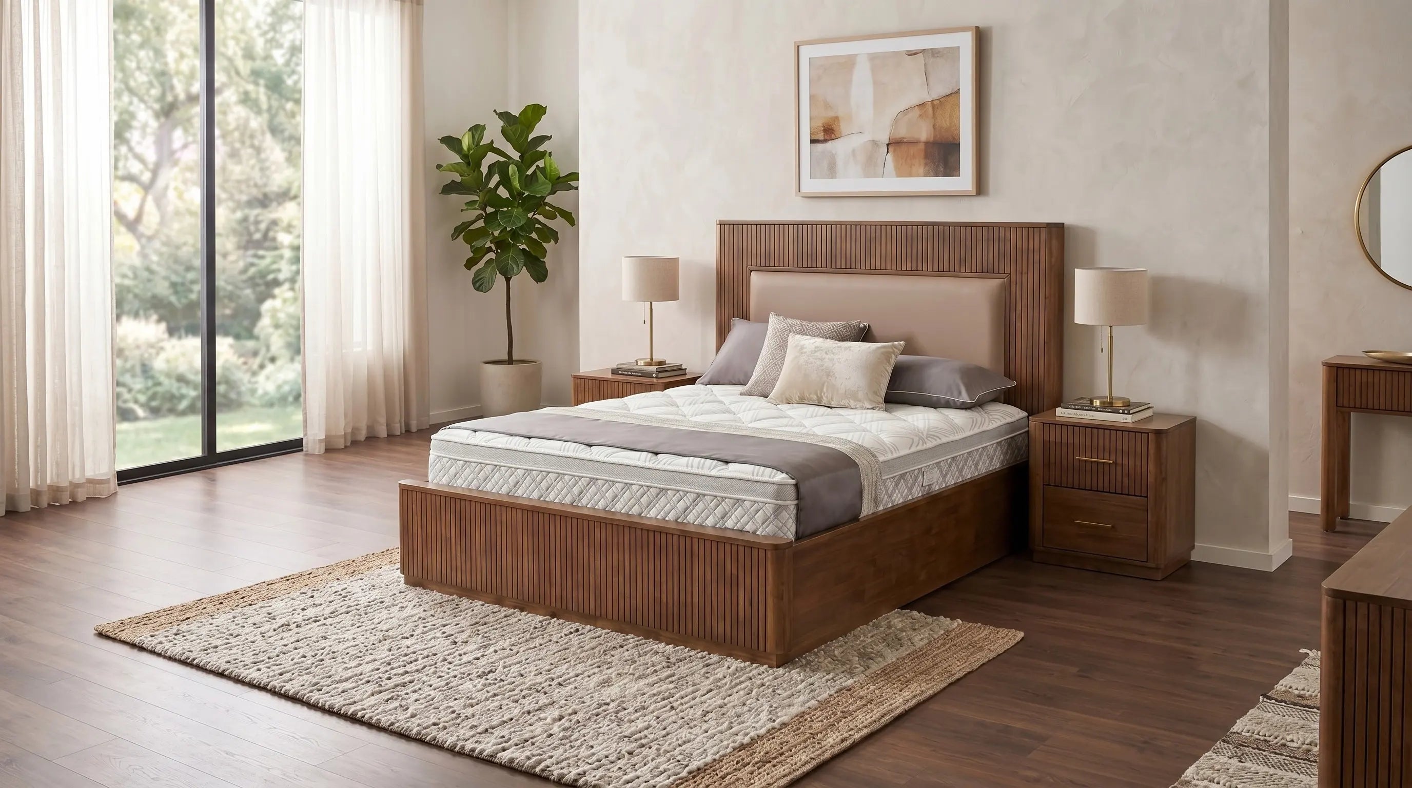Modern bedroom with wooden bed, nightstands, and decor