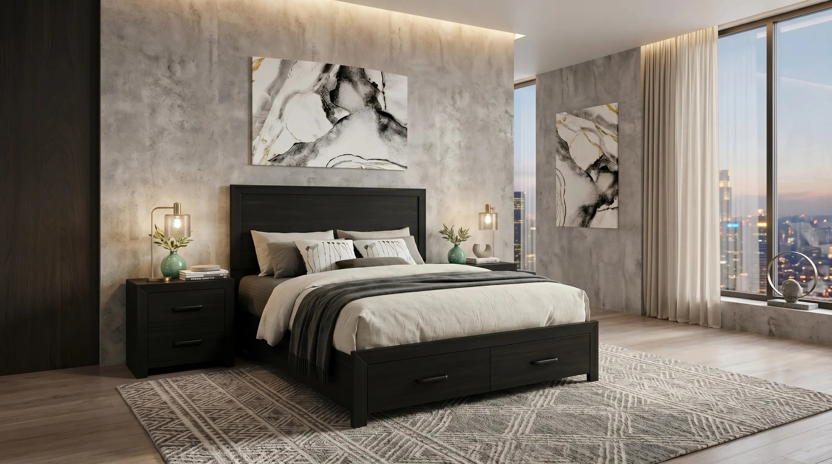 Modern bedroom with a bed, nightstands, and abstract art on the wall.