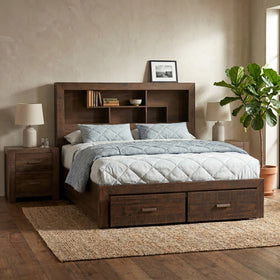 Sedona 3 Piece Bedroom Suite in dark walnut timber, with bookcase-headboard storage bed, twin end drawers and matching bedside tables styled in a warm bedroom - The A2Z Furniture