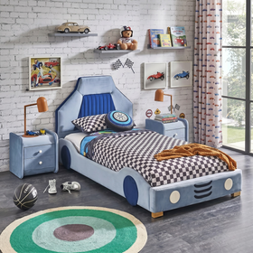 Hamilton 3 Piece Kids Bedroom Suite with blue upholstered race car bed and two matching bedside tables, styled in a racing-themed children's room - The A2Z Furniture