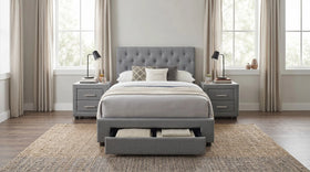Gray upholstered bed with matching nightstands in a well-lit bedroom.