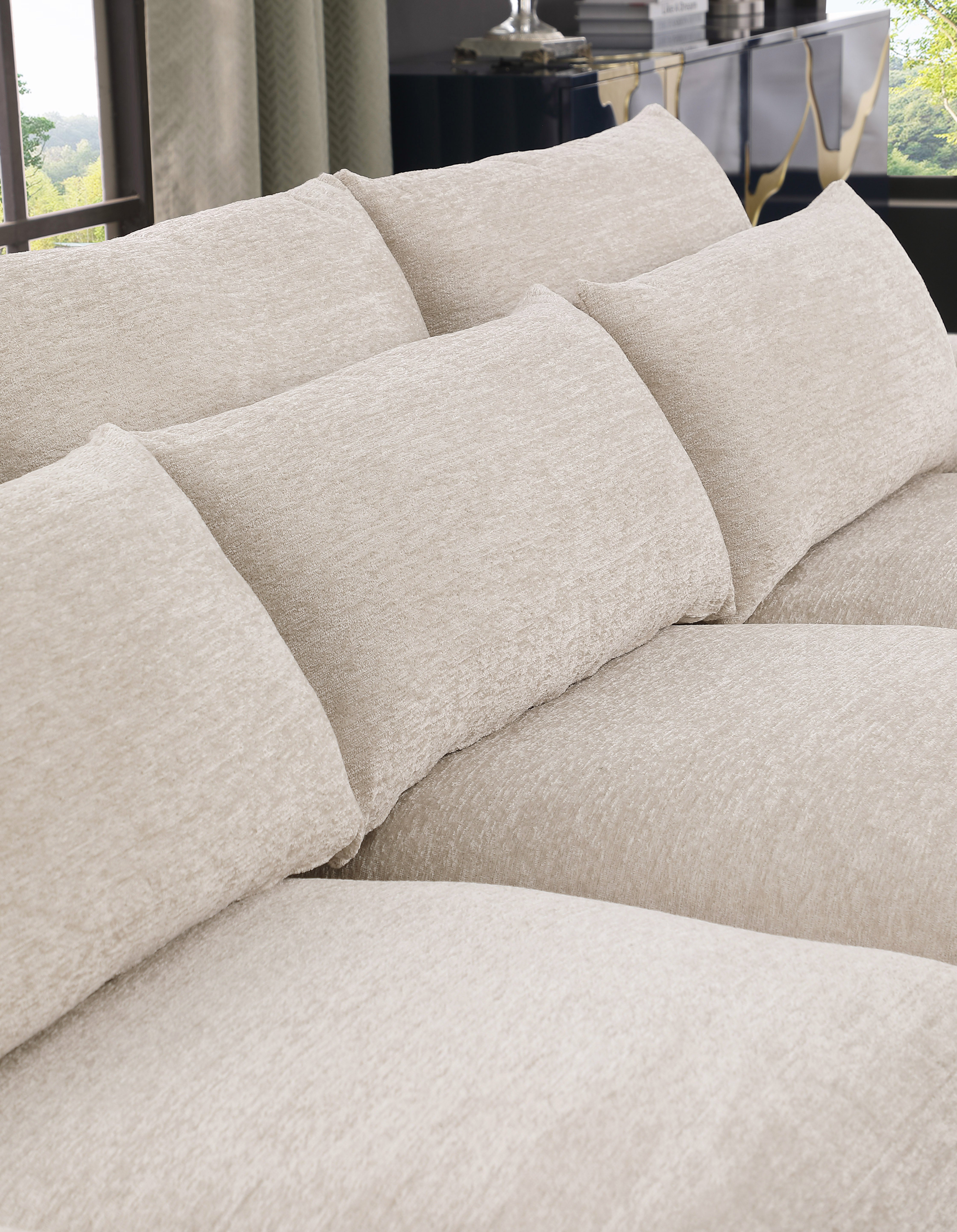 Oxford 3-Seater Couch with Chaise in Dark Grey and Beige – Wide deep seats, plush cushions, and matching pillow – Available in left or right chaise options.
