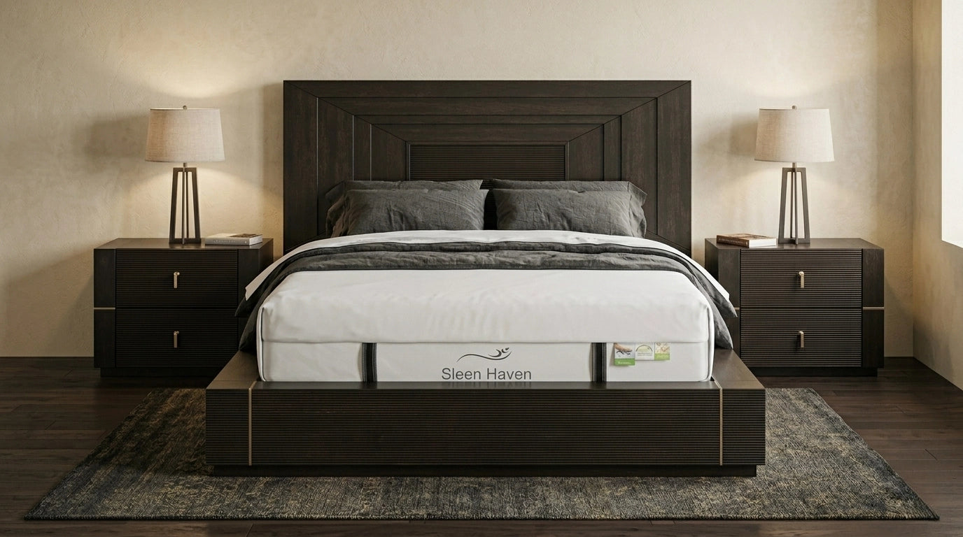 Bed with a mattress on a wooden bed frame in a bedroom setting.