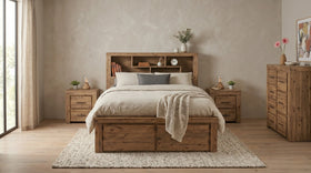 Joyner 4 Piece Tallboy Bedroom Suite in rustic timber with bookcase-headboard bed, two bedside tables and tallboy - The A2Z Furniture