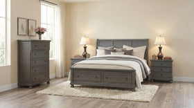 Canada 4 piece bedroom suite in grey timber, with a sleigh storage bed, two bedside tables and a tallboy in a soft neutral bedroom - The A2Z Furniture