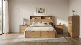Cleveland 4 Piece Tallboy Bedroom Suite in oak with bookcase-headboard storage bed, two bedside tables and tallboy - The A2Z Furniture