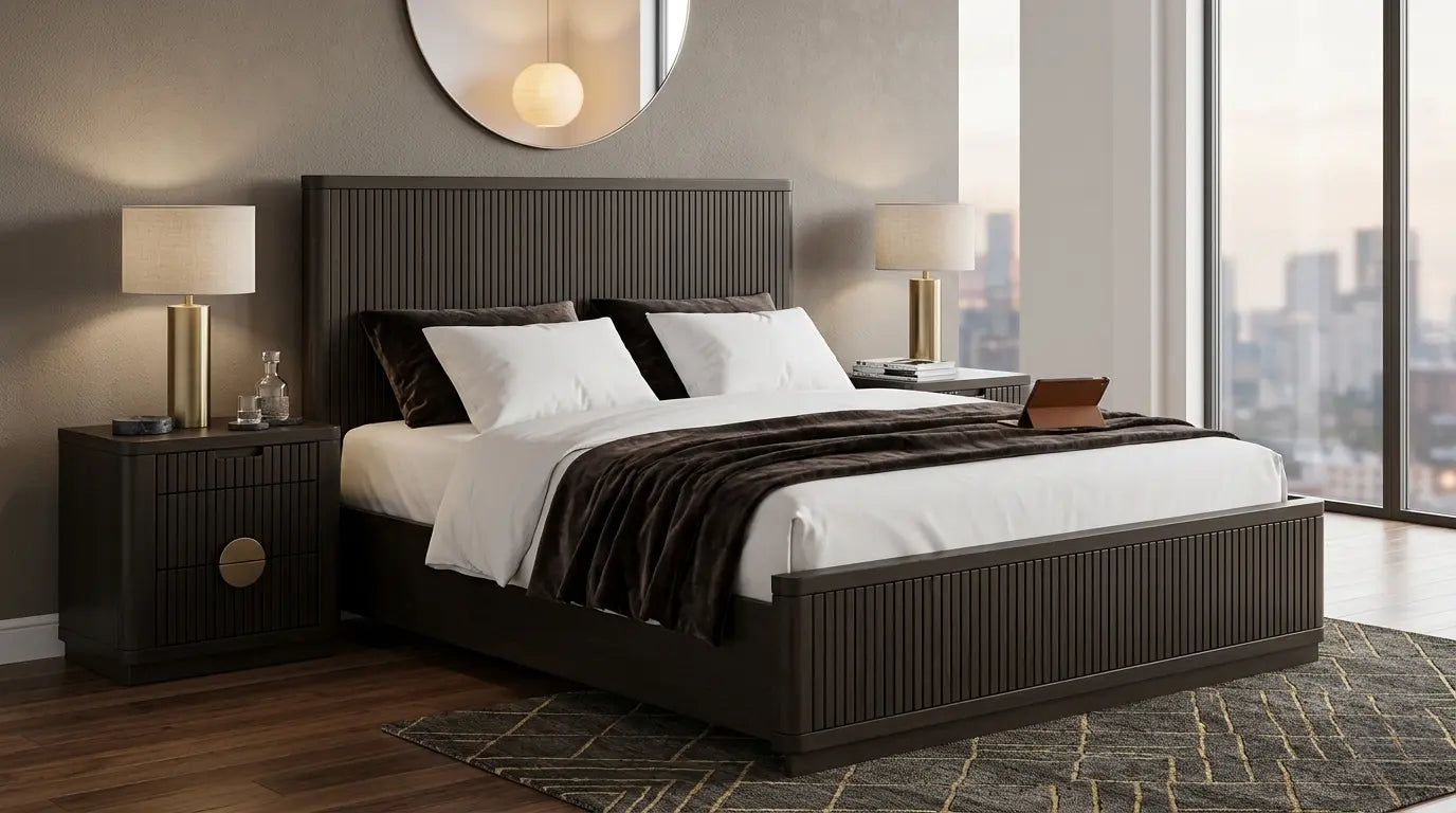 Modern bedroom with a large bed, nightstands, and a city view.