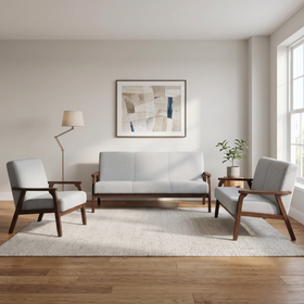 Donald 3+2+1 Seater Sofa Set in light grey fabric with dark walnut timber frames, styled in a modern living room
