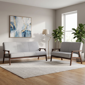 Donald 3+2 Seater Sofa Set in light grey fabric with dark walnut timber frames, styled in a modern living room