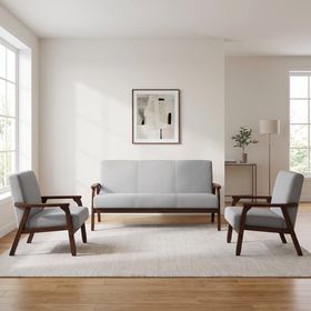Donald 3+1+1 Seater Sofa Set in light grey fabric with dark walnut timber frames, styled in a modern living room