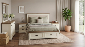 Jericho 4 Piece Dresser Bedroom Suite styled in a Hamptons-style bedroom, showing the bed, both bedside tables and the dresser with mirror together