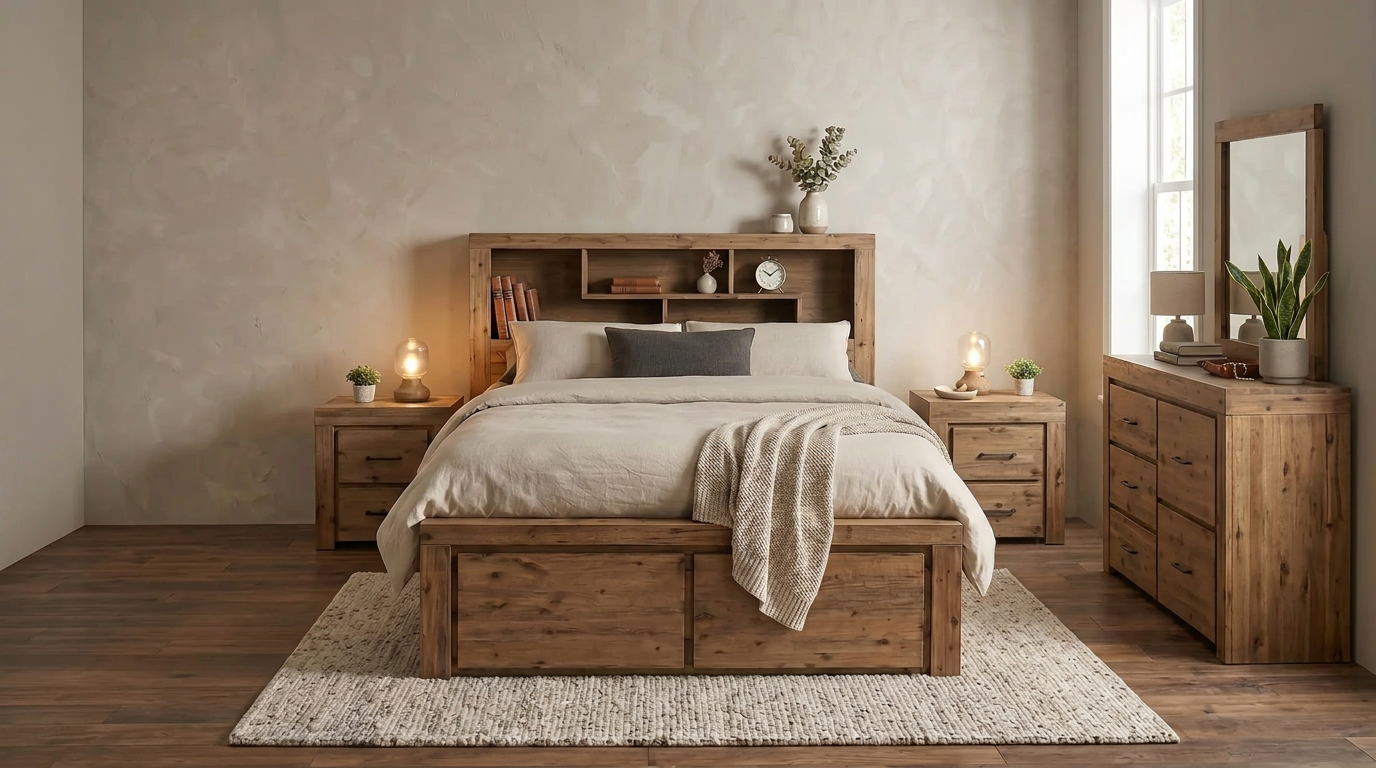 Joyner 4 Piece Dresser Bedroom Suite styled in a modern-rustic bedroom, showing the bed, both bedside tables and the five-drawer dresser with mirror together