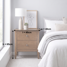 Marina 2 Drawer Bedside Table dimension diagram showing 60 cm width, 40 cm depth and 65 cm height