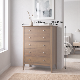 Marina 5 Drawer Tallboy dimension diagram showing 95 cm width, 45 cm depth and 120 cm height