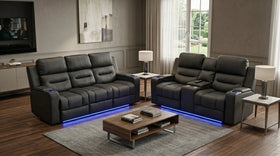 Boston 3+2 electric dual motor black recliner package, three-seater and two-seater with cup holders and blue LED lighting in a modern living room - The A2Z Furniture