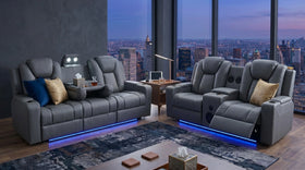Breeze charcoal grey recliner package with a 3 seater sofa and 2 seater loveseat, cup holders, lit consoles and blue LED base lighting in a city-view lounge - The A2Z Furniture