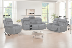 Ballina recliner suite dimensions diagram showing the 3 seater at 220cm, 2 seater at 190cm and single chair at 100cm wide with seat measurements - The A2Z Furniture