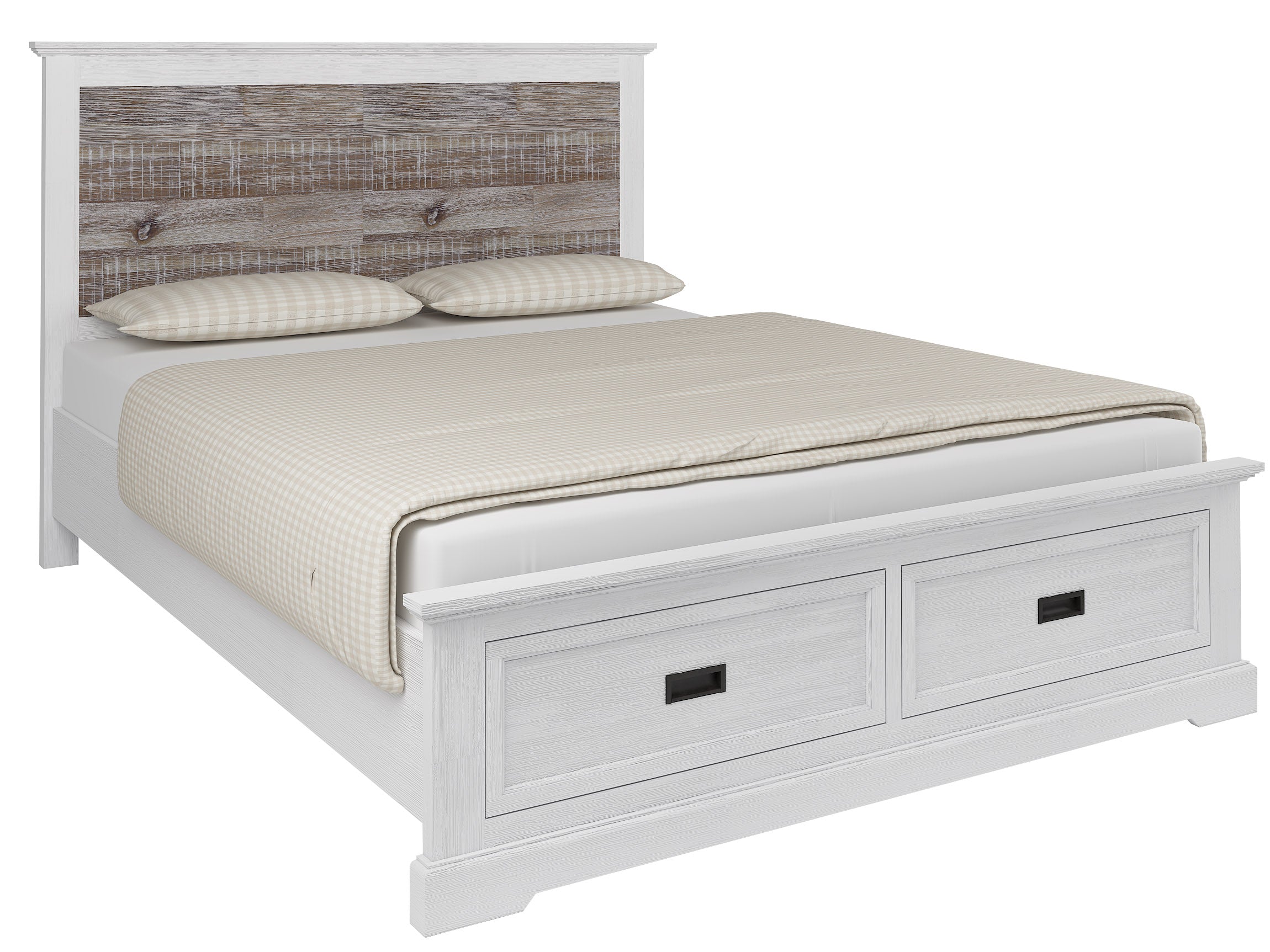 Tasman Storage Bed Frame in off-white with brown textured headboard and two storage drawers, crafted from Acacia wood and MDF – The A2Z Furniture.