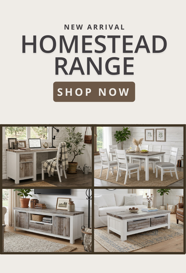 Advertisement for Homestead Range furniture with images of living room, dining, and office furniture.